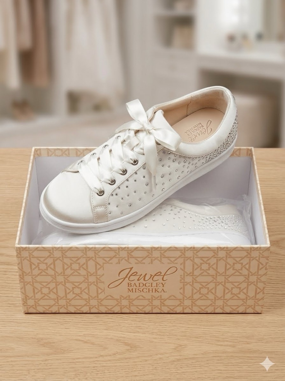 Jewel Badgley Mischka White Satin Crystal-Studded Ribbon Lace Sneakers